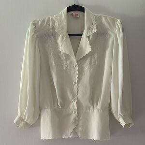 Vintage Cream 3/4 Sleeve Ruffled Silk Blouse with Notched Collar